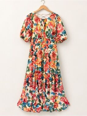 Multicolor Floral Maxi Dress with Puff Sleeves
